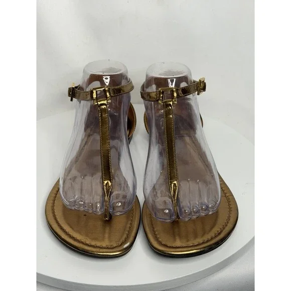 Tory Burch Metallic Leather T Strap Thong Sandals US 7.5 Gold Logo Flats - Picture 2 of 9